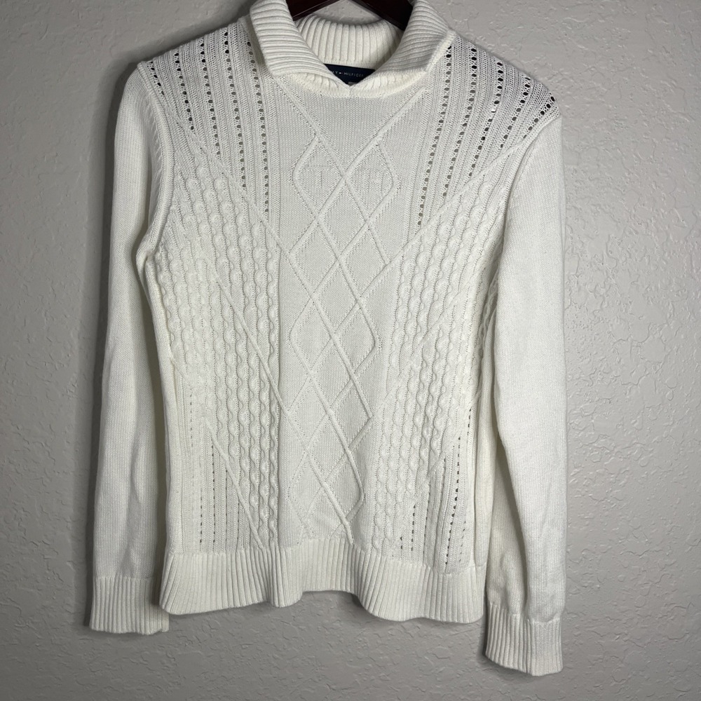 Women's Tommy Hilfiger White Cableknit‎ Pullover Sweater, Size Medium